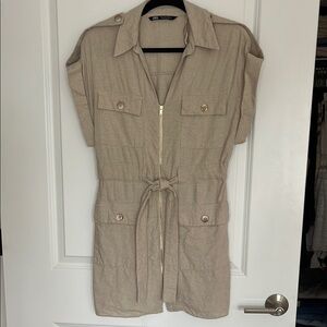 Zara Tan Short Sleeve Utility Zip Dress